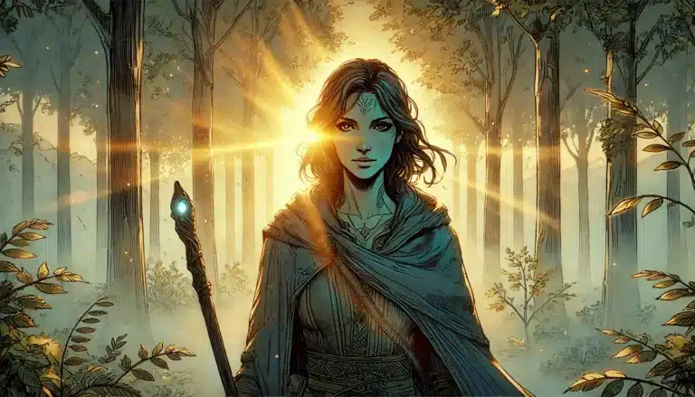 A mystical woman stands in a forest, holding a staff with a glowing blue gem. Sunlight filters through trees, illuminating her serene expression and flowing hair. The scene conveys a magical, enchanting atmosphere.