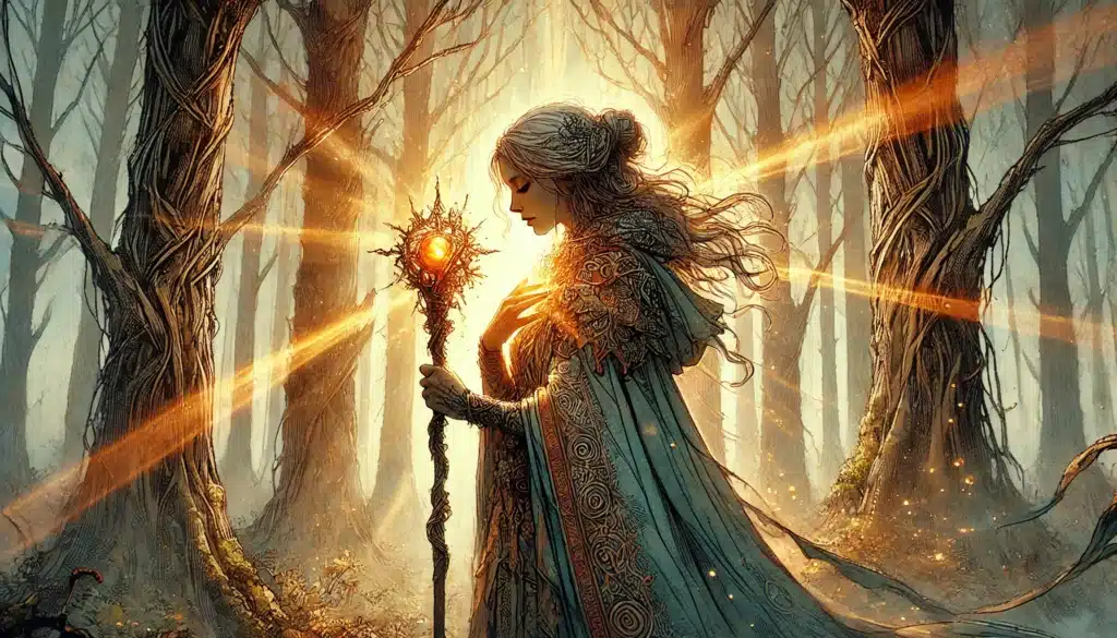A mystical woman in a detailed robe holds a glowing staff in an enchanted forest. Sunlight streams through the bare trees, illuminating her serene face and the intricate patterns on her clothing, creating a magical and ethereal atmosphere.
