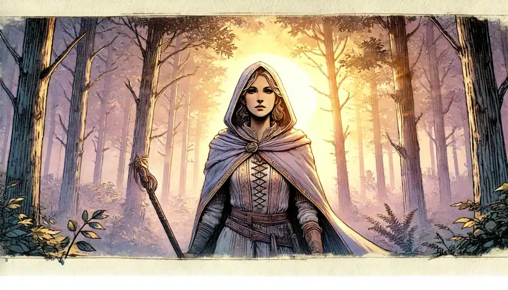 A hooded figure in a medieval outfit stands in a sunlit forest, holding a intricately carved staff. The sunlight creates a glowing halo effect, illuminating the forest and highlighting the peaceful atmosphere.