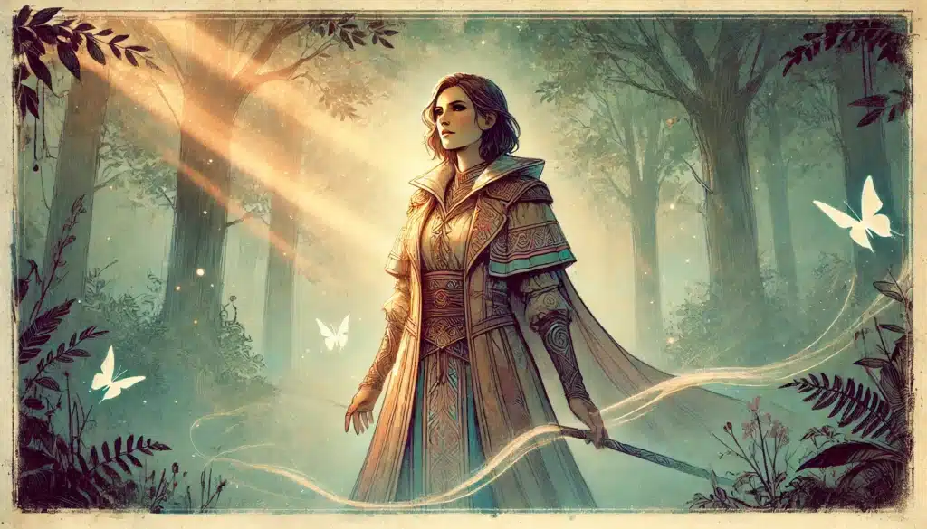 A woman in ornate armor stands in a mystical forest, illuminated by sunbeams. Two glowing butterflies flutter nearby. The scene is serene and magical, with lush greenery and a dreamy atmosphere.