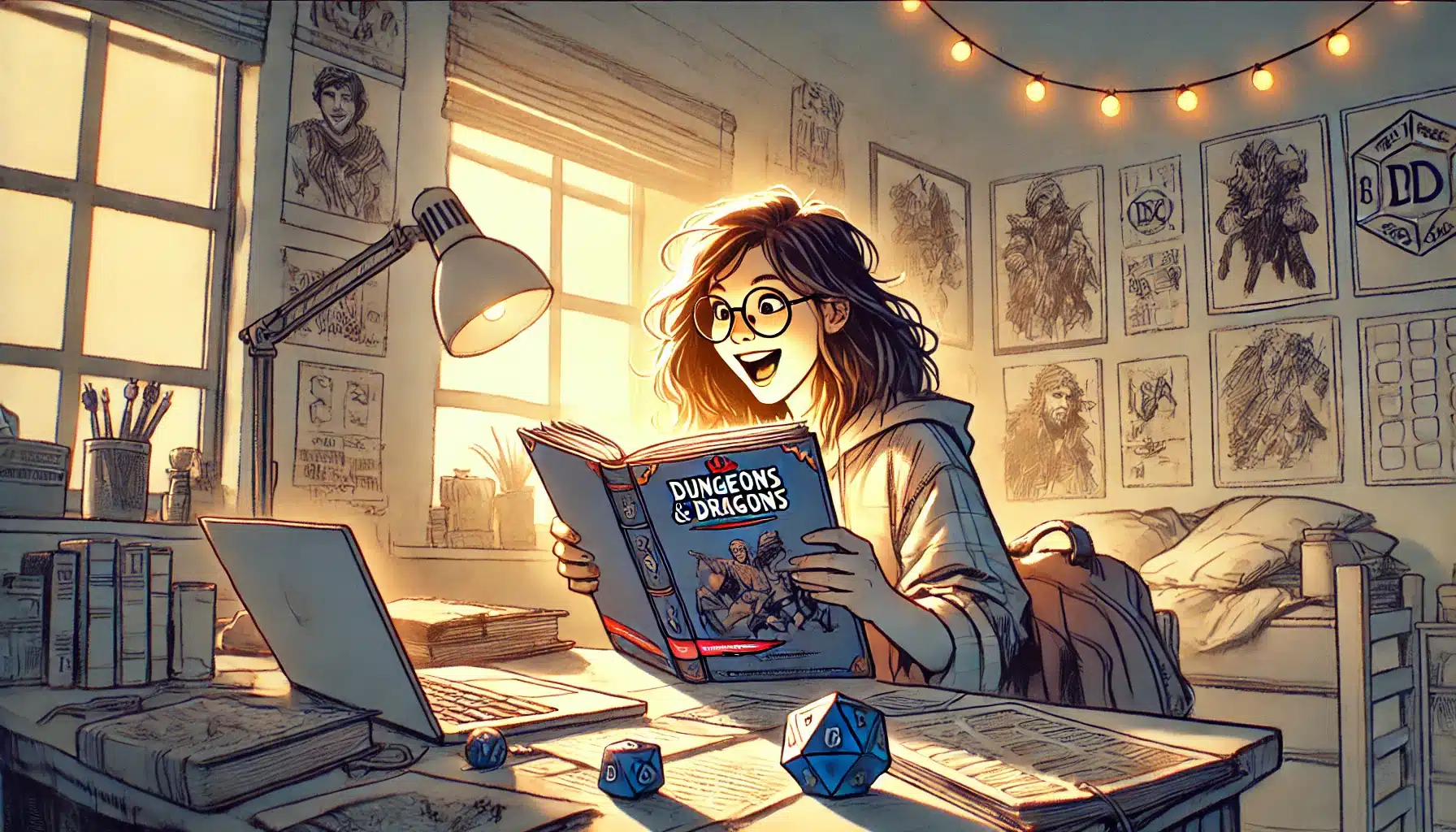 A person with glasses excitedly reads the DND 2025 book at a desk with a laptop and dice. The room, decorated with posters and string lights, is warmly lit, creating a cozy ambiance perfect for diving into its newly confirmed release schedule.