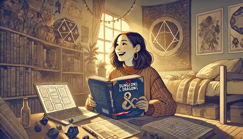 A person sits in a cozy, decorated room, smiling and holding a boxed set of Dungeons & Dragons books. A laptop, dice, and notebook are on the desk. Sunlight filters through a window, casting a warm glow.