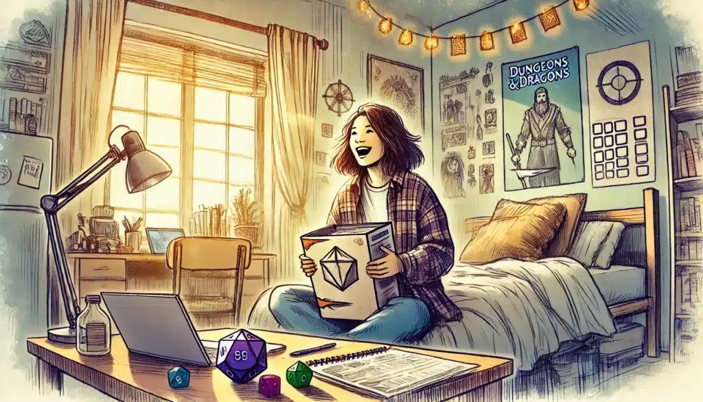A person sits on a bed in a cozy, light-filled room, smiling widely while unboxing a boxed set of tabletop games. The space is adorned with posters, string lights, and gaming dice scattered on a desk beside a laptop and the DND 2025 Release Schedule character sheets.