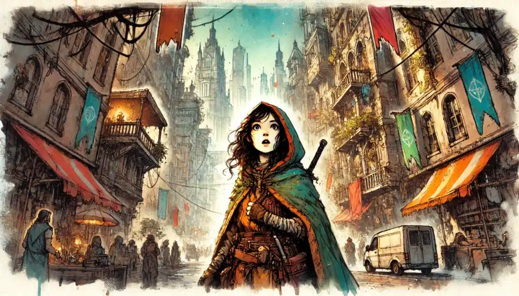 A young woman in medieval attire, with a cloak and sword, stands in a bustling city street filled with intricate buildings and colorful banners. The background is detailed, featuring towering structures and people mingling among market stalls.