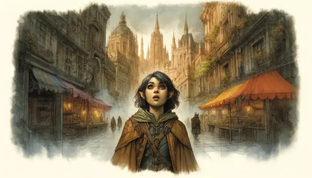 A young traveler with a cloak stands in a medieval street, gazing at the towering, ornate buildings surrounding them. Vibrant market stalls with colorful canopies line the cobblestone path, with a few blurred figures in the distance.