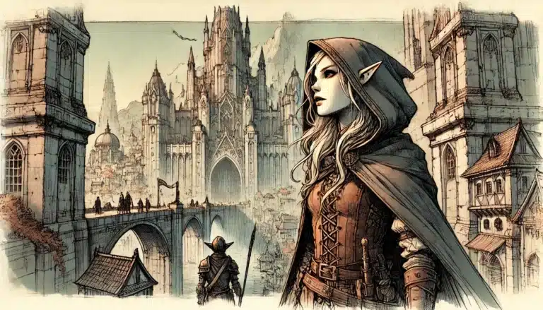 A female elf with long hair and a cloak stands in a medieval city. She gazes towards a towering gothic cathedral in the distance. The scene is detailed with stone bridges, archways, and other figures walking in the bustling city.