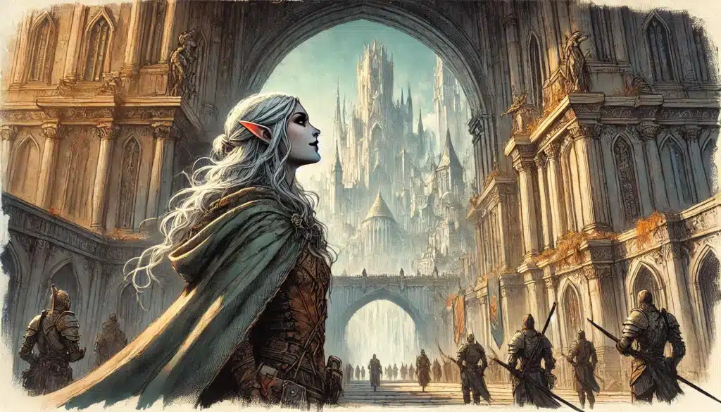 A silver-haired elf in ornate armor stands in a grand, medieval city with towering arches and a majestic castle looming in the background. Guard-like figures patrol the area, as if guided by a Dungeon Master, highlighting the fantasy theme of this Forgotten Realms-inspired scene.