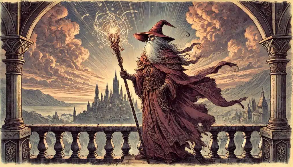 A bearded wizard in a red robe and pointed hat stands on a stone balcony, holding a glowing staff, overlooking a distant castle in the Forgotten Realms against a dramatic sky of swirling clouds during sunset. Ornate arches frame the scene.
