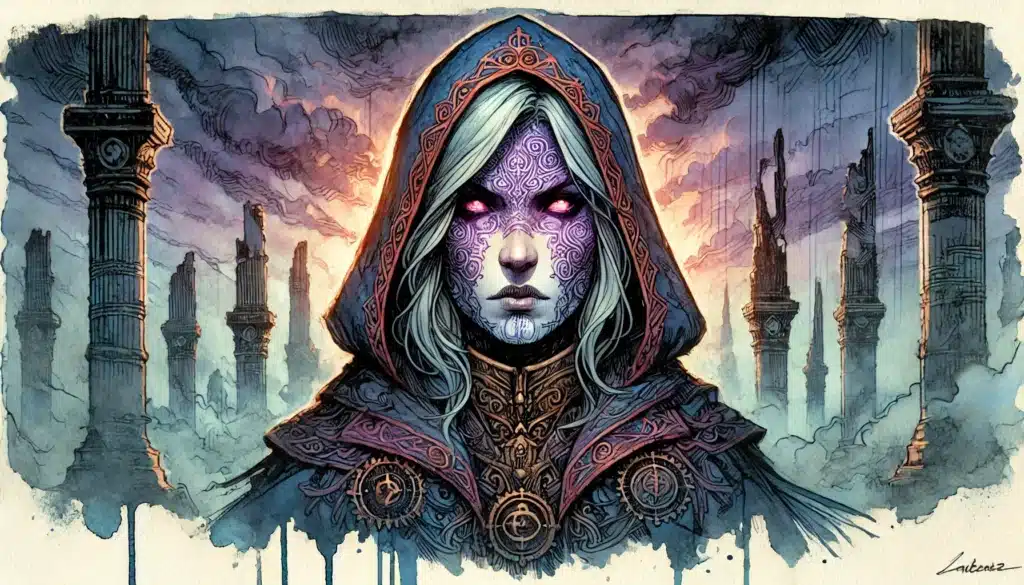 A mysterious woman with glowing purple eyes and intricate facial tattoos wears a hooded cloak, standing amid ancient, crumbling pillars under a dramatic, cloudy sky with light shining behind her.
