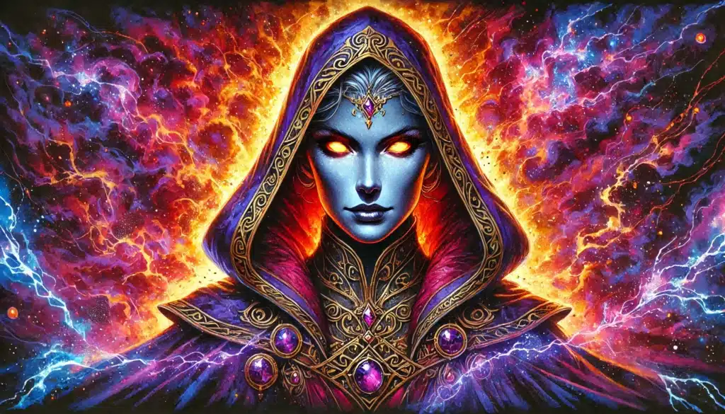 A mystical figure with glowing orange eyes and blue skin wears a golden-embroidered hood and jeweled cloak, standing against a vibrant, fiery cosmic background with swirling colors and energy.