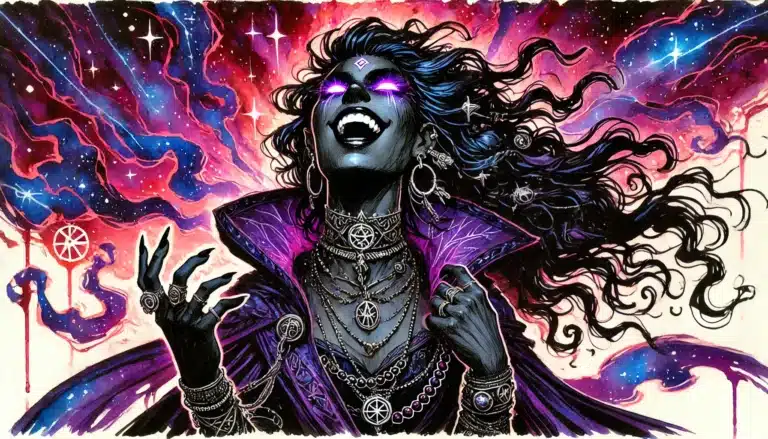 A dark-skinned woman with glowing purple eyes and jewelry laughs triumphantly, surrounded by swirling cosmic energy in vibrant purples, pinks, and blues. She wears layered necklaces, rings, and a dramatic purple cloak.
