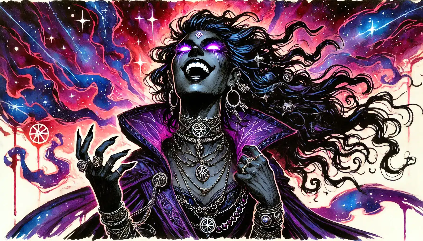 A dark-skinned woman with glowing purple eyes and jewelry laughs triumphantly, surrounded by swirling cosmic energy in vibrant purples, pinks, and blues. She wears layered necklaces, rings, and a dramatic purple cloak.