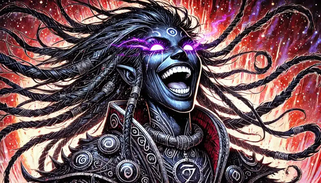 A fantasy portrait of a dark-skinned, armored figure with glowing purple eyes and braided hair, laughing intensely as energy radiates from their eyes. The background is fiery and cosmic, adding a dramatic effect.