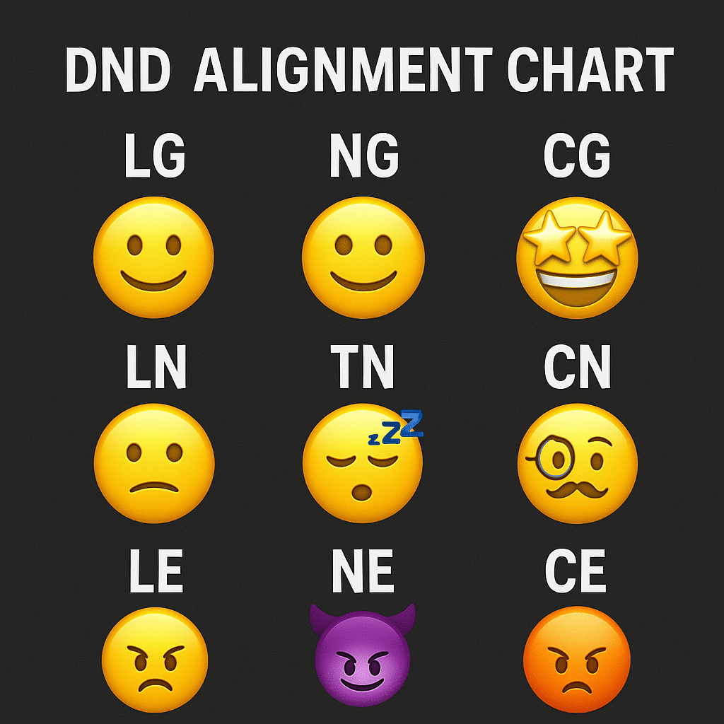DND Alignment Chart with emojis: LG, NG, CG as smiling faces; LN as a neutral face; TN as a sleeping face; CN as a monocle face; LE as a frowning face; NE as a devil face; CE grins with horns. Playfully explore character alignments!.