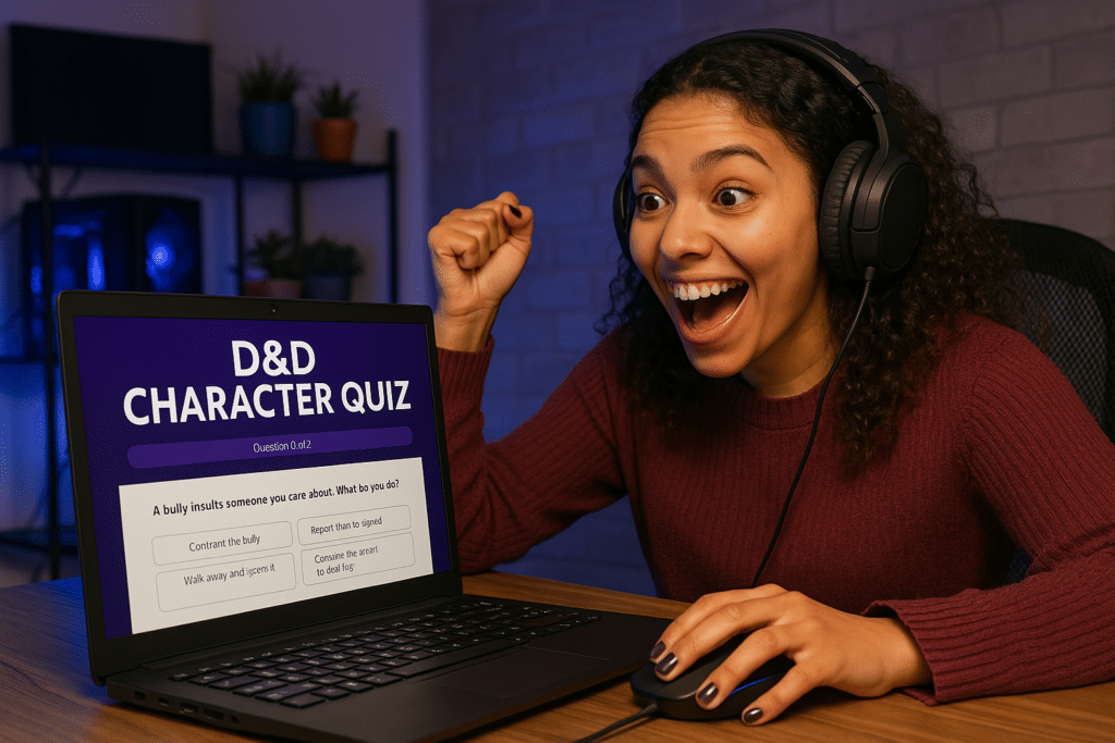 A person excitedly looks at a laptop screen displaying a D&D Character Quiz. They are sitting at a desk, wearing headphones, with a fist raised in celebration. The quiz question is about handling a bully.