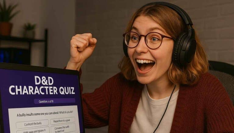 A person with headphones sits at a desk, looking excitedly at a computer screen. The screen displays a D&D Character Quiz. They are clenching their fist in a gesture of triumph or excitement.