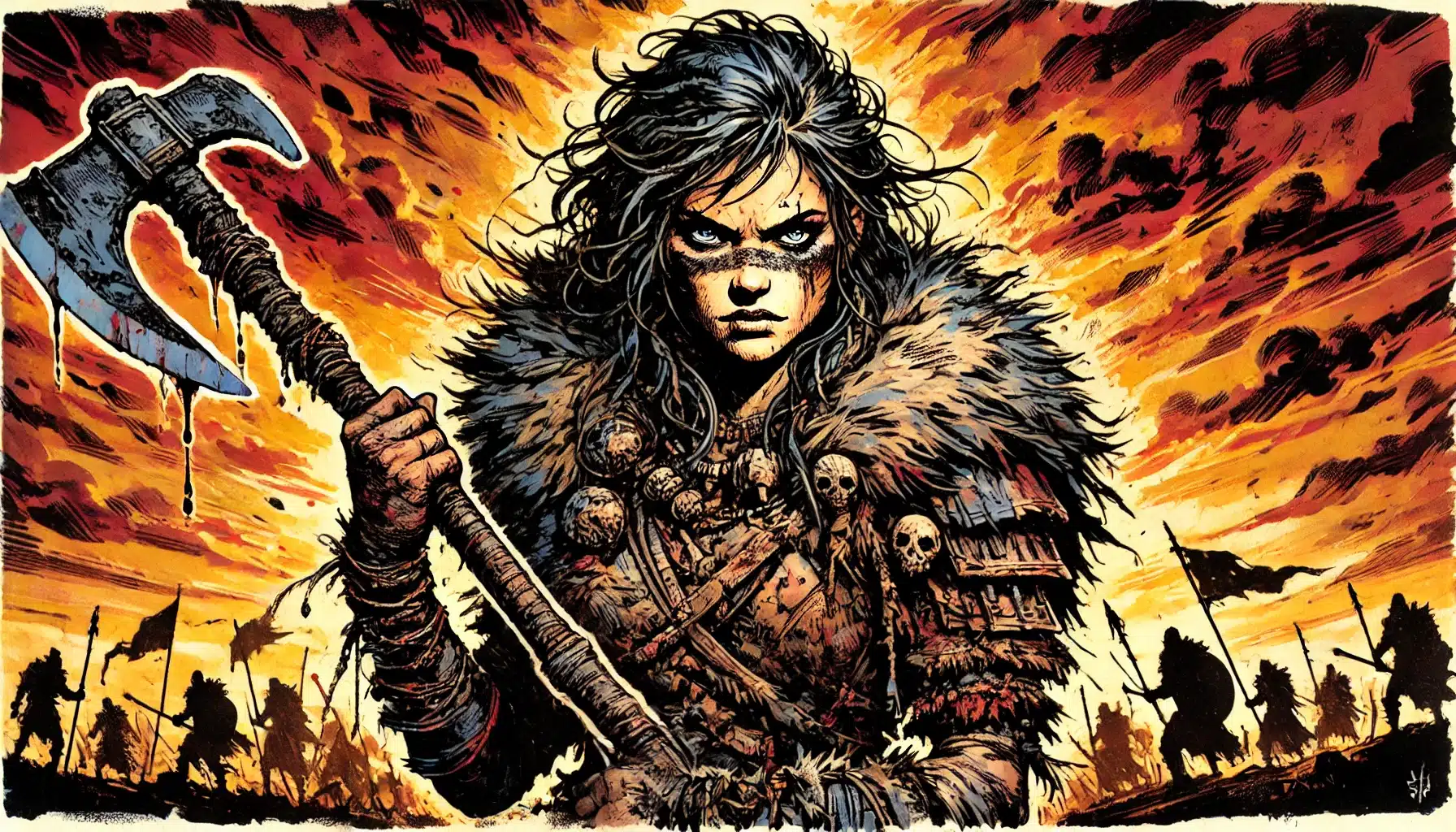 A fierce female barbarian warrior in fur and armor stands against a fiery sky on the battlefield, gripping a large axe. Silhouettes of soldiers and flags loom behind her as she gazes ahead with an intense, determined expression.