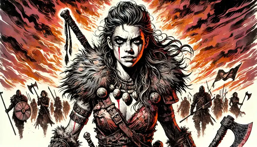 A fierce barbarian warrior woman in fur armor with a sword on her back stands before a burning sky, blood on her face and chest, as a group of armed fighters march behind her across the battlefield, wielding axes and shields.