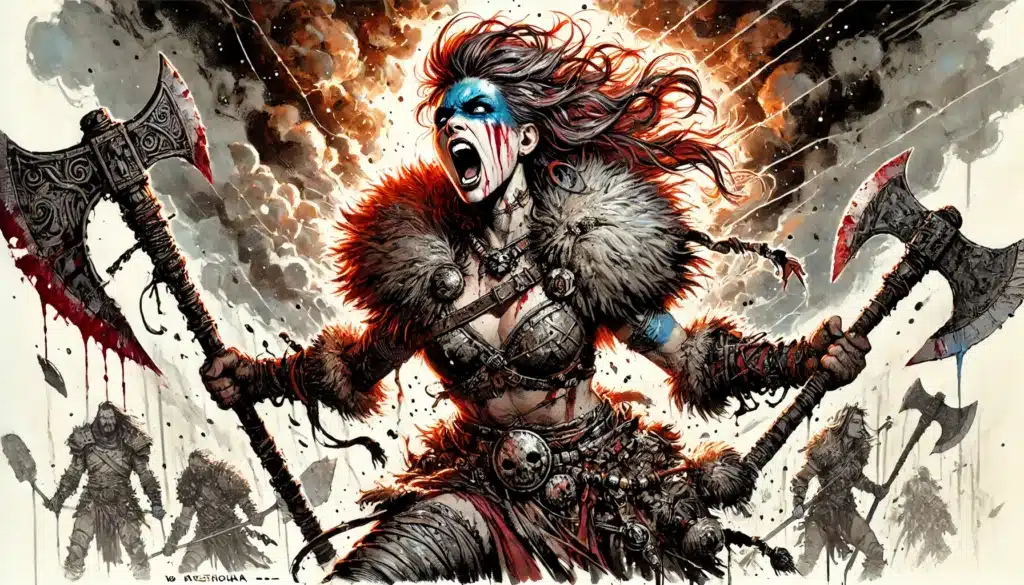 A fierce Barbarian warrior woman with war paint and fur armor screams in battle, wielding two bloody axes on the chaotic battlefield, as explosions erupt and armored fighters clash in the background.