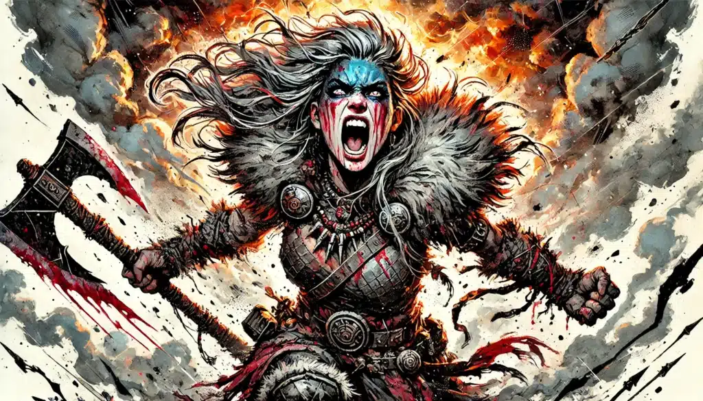 A fierce barbarian warrior in fur and armor, with blue war paint and blood on her face, screams while holding a bloody axe. Explosions and smoke fill the battlefield, amplifying the intensity of this Dungeons & Dragons-inspired clash.