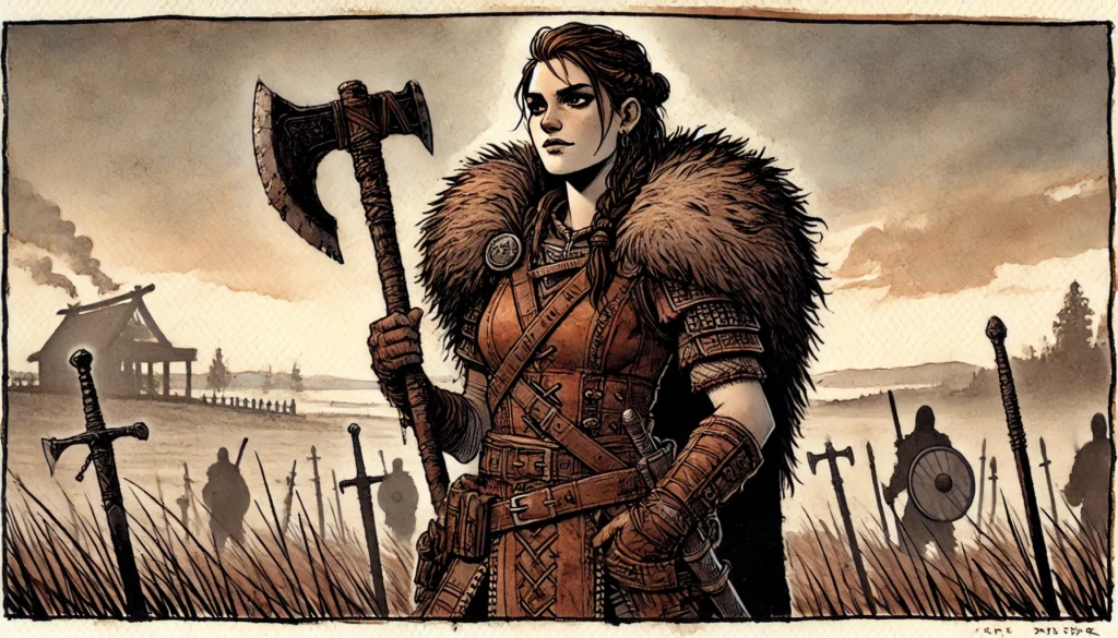 A fierce female Viking warrior in fur and armor stands on the battlefield, holding a large axe. Swords are stuck in the ground around her, with distant shields and figures against a cloudy, moody sky—true to Barbarians of legend.