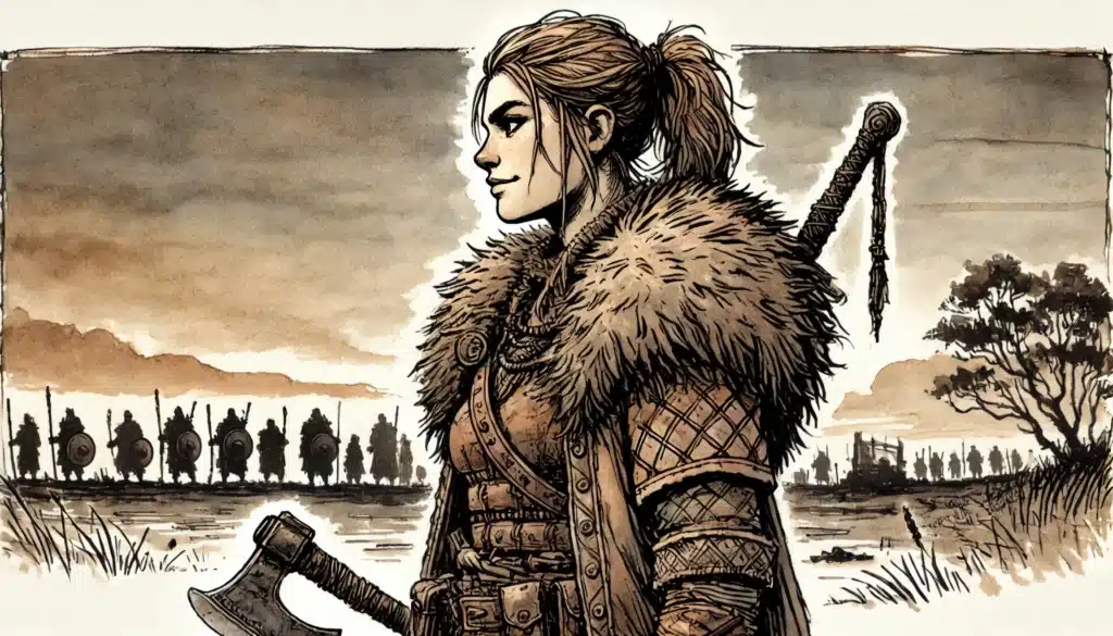 A fierce barbarian warrior woman in fur and armor, axe in hand, stands confidently on the battlefield. Behind her, a line of soldiers with shields and spears faces the distant landscape under a cloudy Dungeons & Dragons sky.