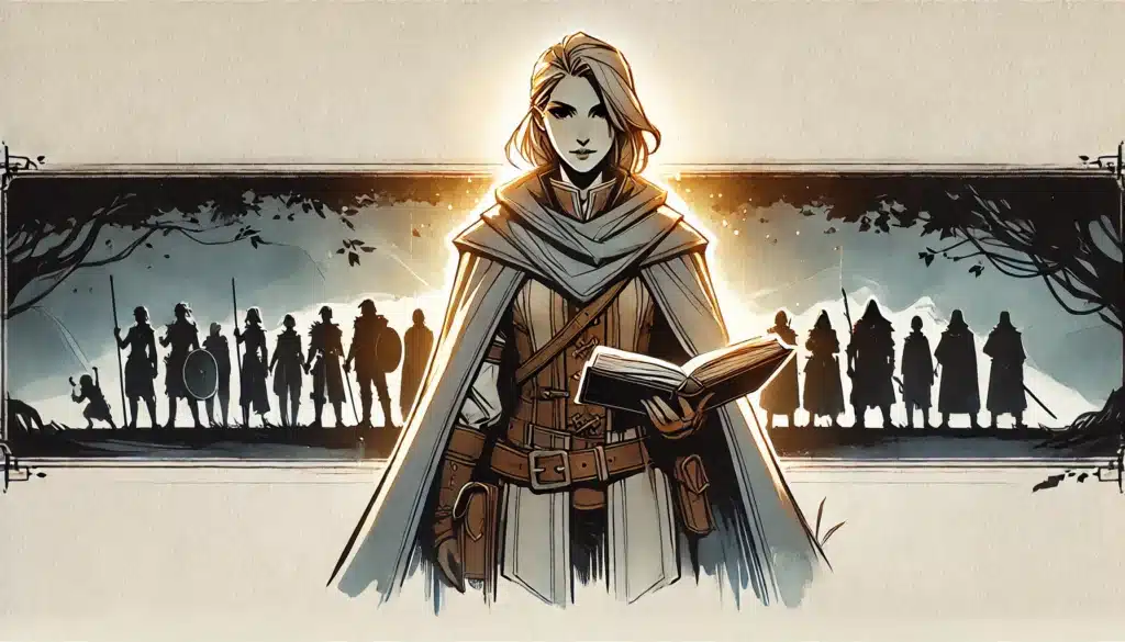 A confident woman in a cloak holds an open, glowing book. Behind her, silhouetted like the Critical Role cast, a group with weapons and shields stands against a misty forest—evoking the mystery of Vox Machinas legendary adventures.