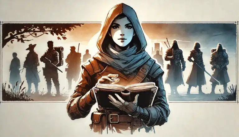 A hooded figure in medieval attire reads an open book, standing in the foreground. Behind, a group of adventurers inspired by the Critical Role cast gather with weapons, set against a parchment-like background.