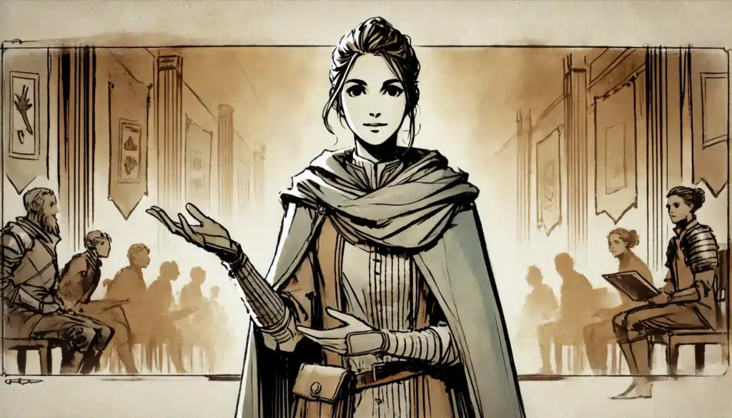 A woman in medieval clothing gestures while speaking in a grand hall lined with banners, reminiscent of a scene featuring the Critical Role cast. People listen or write in the sepia-toned, sketchy art style.