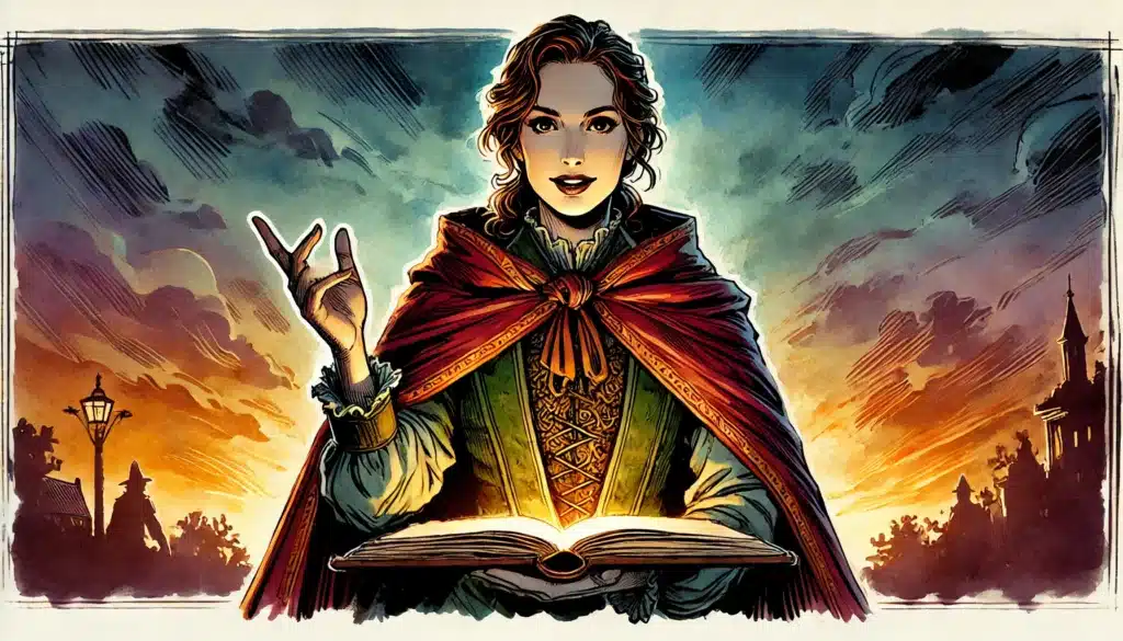 A woman in a red cloak holds an open, glowing book and gestures with her hand. She stands against a dramatic sunset sky, with silhouettes of buildings in the background, suggesting a magical or fantasy setting.