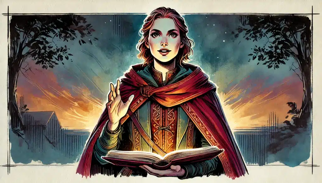 A woman in a red cloak and ornate dress holds an open, glowing book. She gestures with one hand, surrounded by a magical aura, with trees and a golden sunset in the background. The image has a storybook illustration style.