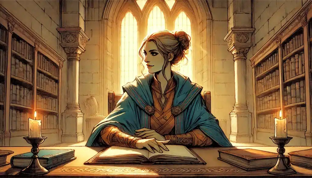 A woman in medieval attire sits at a library table with open books, seeking Sage Advice amid shelves of tomes and two lit candles, as sunlight streams through tall arched windows behind her.
