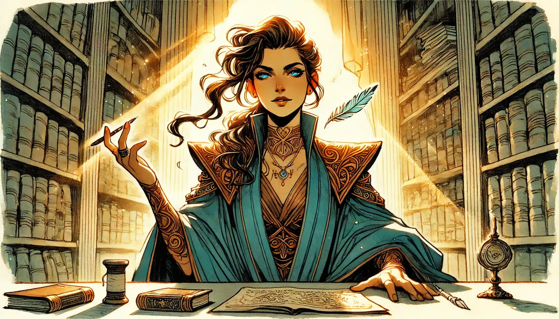 A confident woman in ornate robes sits at a desk in a grand library, quill poised above parchment, ready to share sage advice and D&D rulings, sunlight streaming through tall shelves filled with ancient tomes.