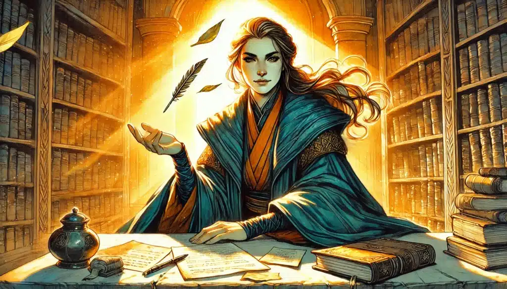 A woman in flowing blue robes sits at a desk surrounded by bookshelves, sunlight shining behind her. She holds a quill pen—papers, books, and an inkwell are scattered around, evoking the feel of Dungeons and Dragons Sage Advice Rulings.