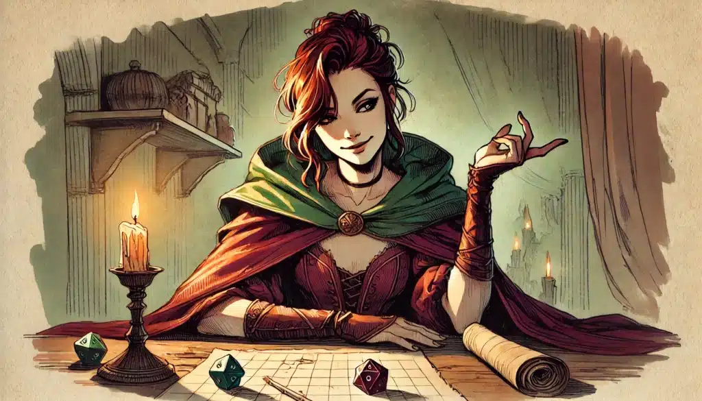 A fantasy woman in a red cloak sits at a candlelit table with a map, dice, and scroll, smiling confidently as if leading a tabletop role-playing game.