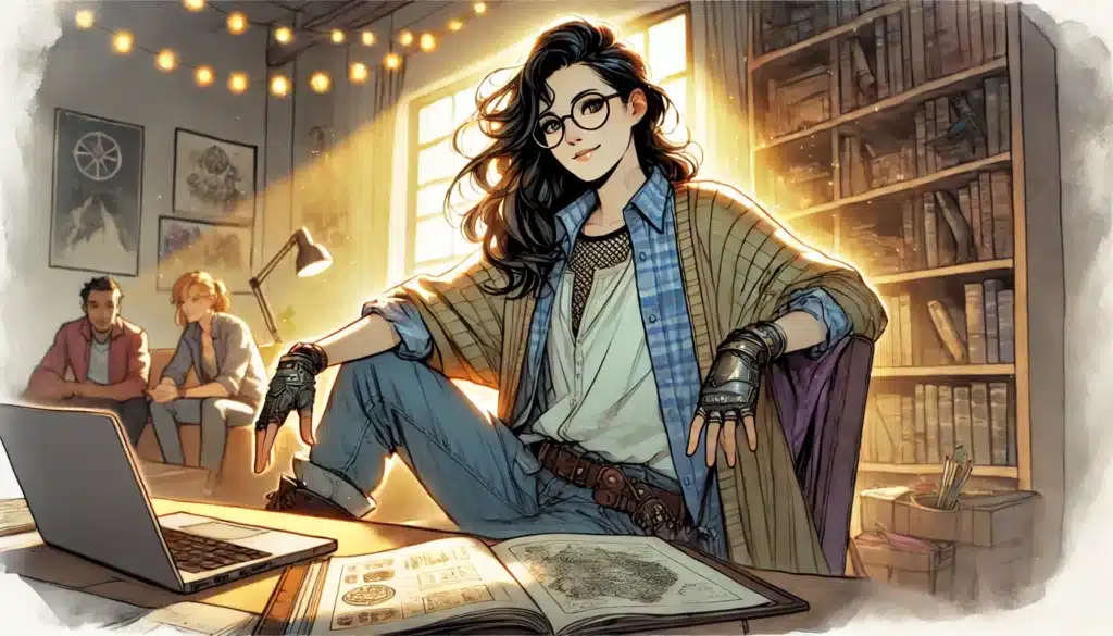 A confident woman with long dark hair and glasses poses with one leg on a desk, surrounded by books and a laptop in a cozy, sunlit room. Two people sit in the background, and string lights hang above.