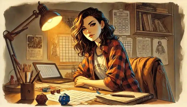 A young woman sits at a desk lit by a lamp, surrounded by books, papers, dice, and a laptop. She wears a plaid shirt and looks thoughtfully at the viewer, suggesting she is planning or playing a tabletop role-playing game.