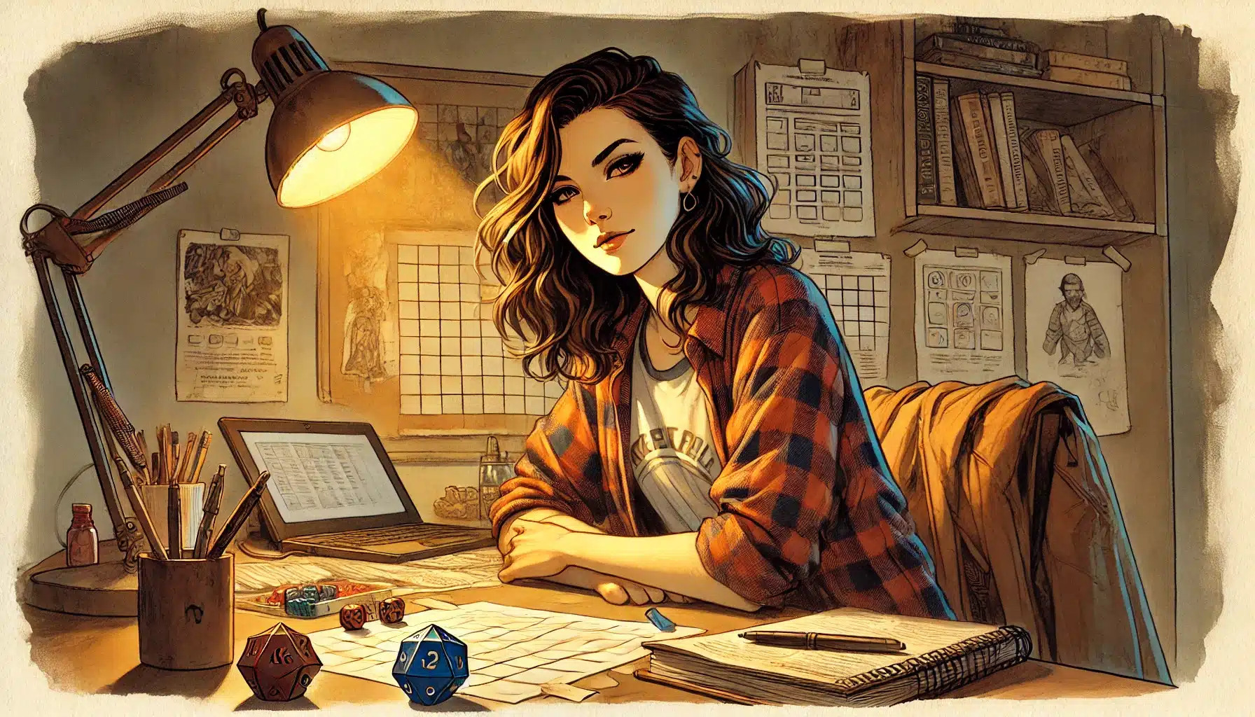 A young woman sits at a desk lit by a lamp, surrounded by books, papers, dice, and a laptop. She wears a plaid shirt and looks thoughtfully at the viewer, suggesting she is planning or playing a tabletop role-playing game.