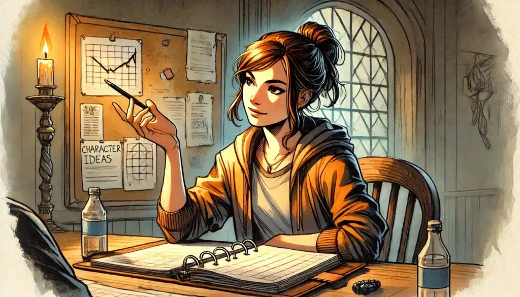 A young woman sits at a wooden table with an open binder, gesturing with a pencil. Behind her, water bottles and a bulletin board labeled CHARACTER IDEAS hint at player backstories for an upcoming D&D campaign in a cozy, softly lit room.