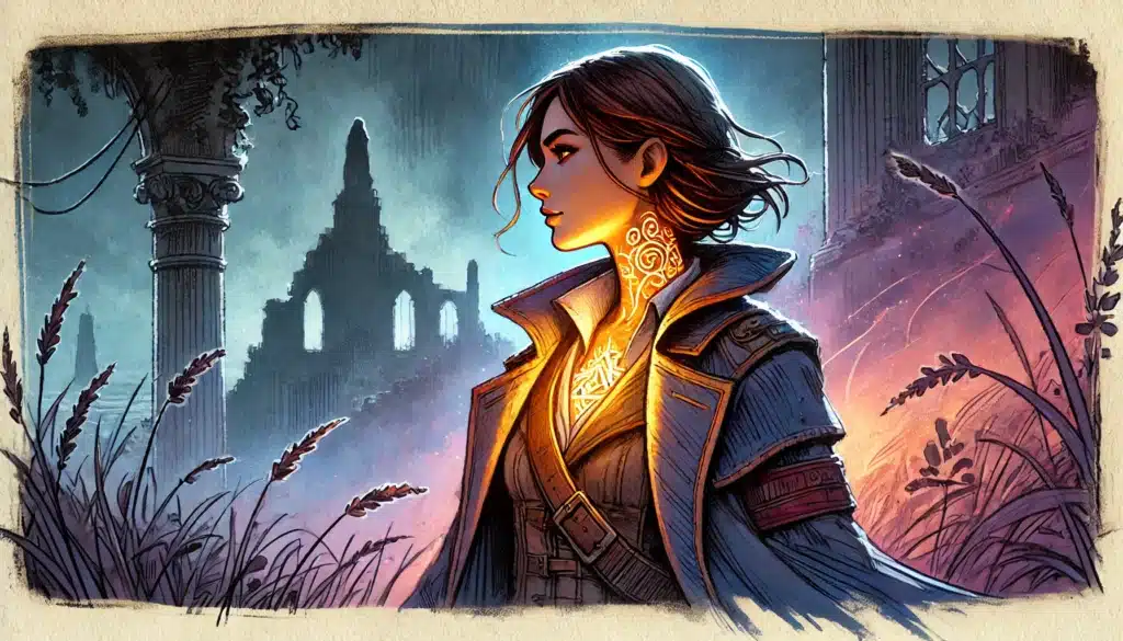 A young woman with glowing tattoos on her neck stands in tall grass near ancient ruins at dusk, wearing a detailed coat. Warm light radiates from her chest, illuminating her face—a mysterious figure perfect for a D&D campaigns player backstories.