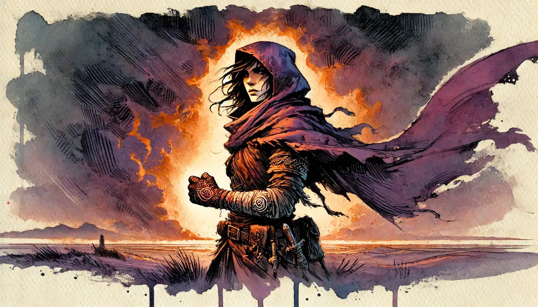 A mysterious figure in a purple hooded cloak stands against a dramatic, fiery sunset sky—perfect for integrating into your next D&D campaign—with swirling clouds and windswept fields emphasizing their tense, determined posture.