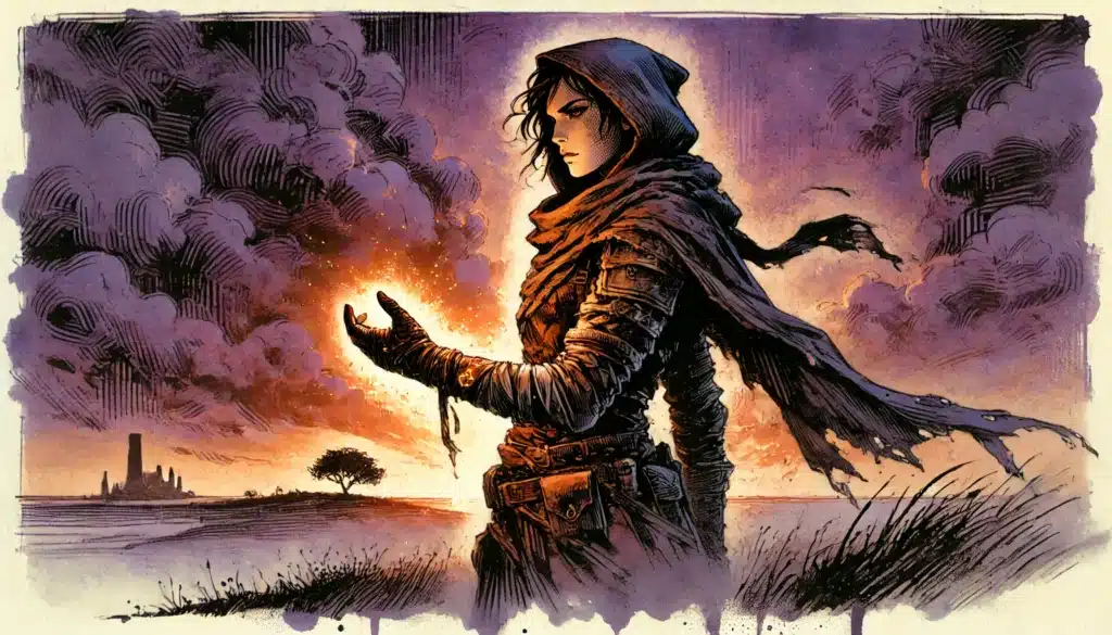 A hooded figure in medieval armor stands in a field at sunset, holding a glowing magical orb—an inspiring scene for integrating into your D&D campaign or sparking ideas for generated backstories. Dramatic clouds frame distant buildings and a lone tree.