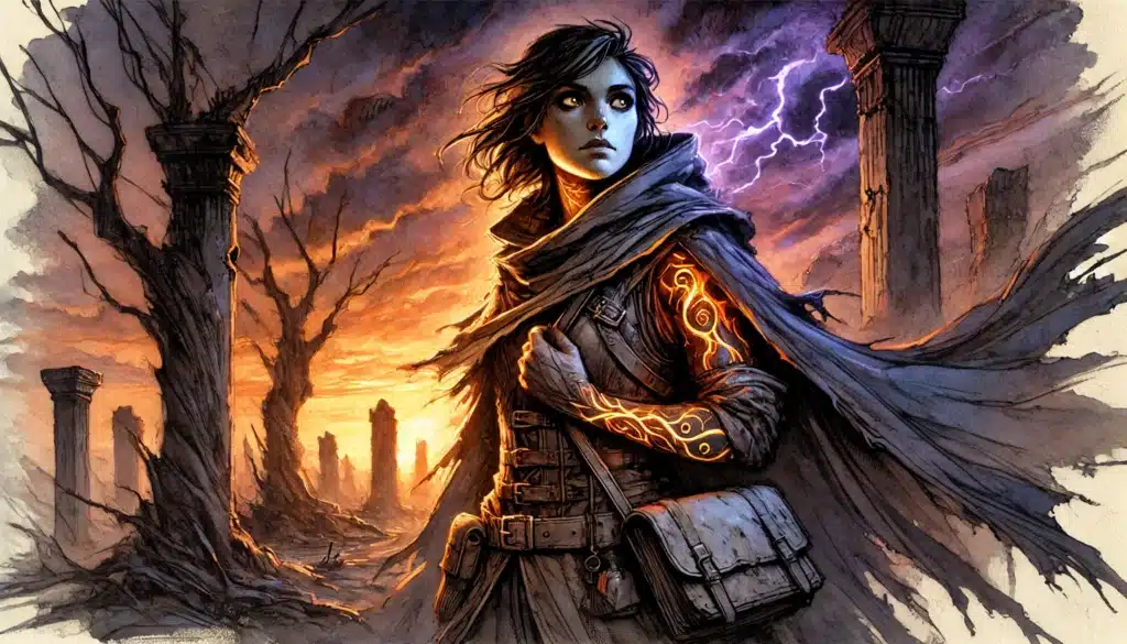 A determined woman with glowing tattoos and a cloak stands in a ruined, apocalyptic landscape at sunset, lightning crackling above—perfect inspiration for D&D plot twists or player backstories amid the crumbling columns.