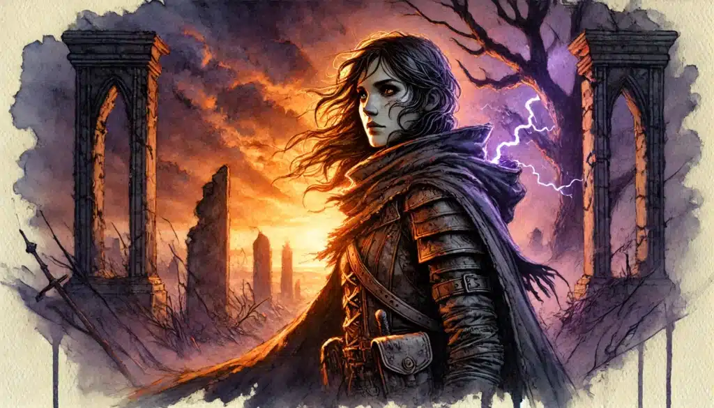A determined woman in dark armor stands among ancient ruins at sunset, her hair flowing in the wind. Lightning strikes behind her, illuminating a dramatic, stormy sky—perfect inspiration for any D&D campaign or player backstories.