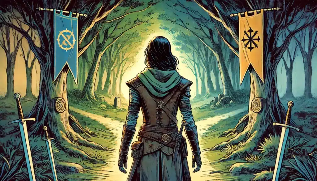 A cloaked figure stands at a forked forest path, facing two banners with opposing symbols—a scene perfect for exploring D&D rivalries or forging new D&D alliances. Swords planted nearby and sunlight streaming through the trees suggest a pivotal decision awaits.