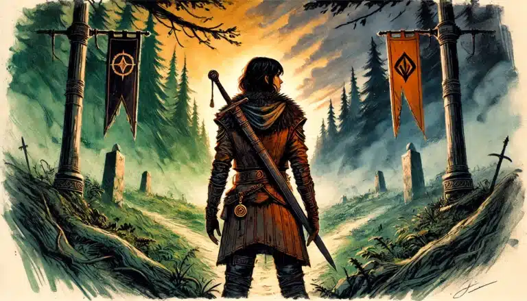 A lone adventurer with a sword stands at a forest crossroads at dawn, where banners hint at D&D rivalries, as mist swirls among ancient stone markers and trees.