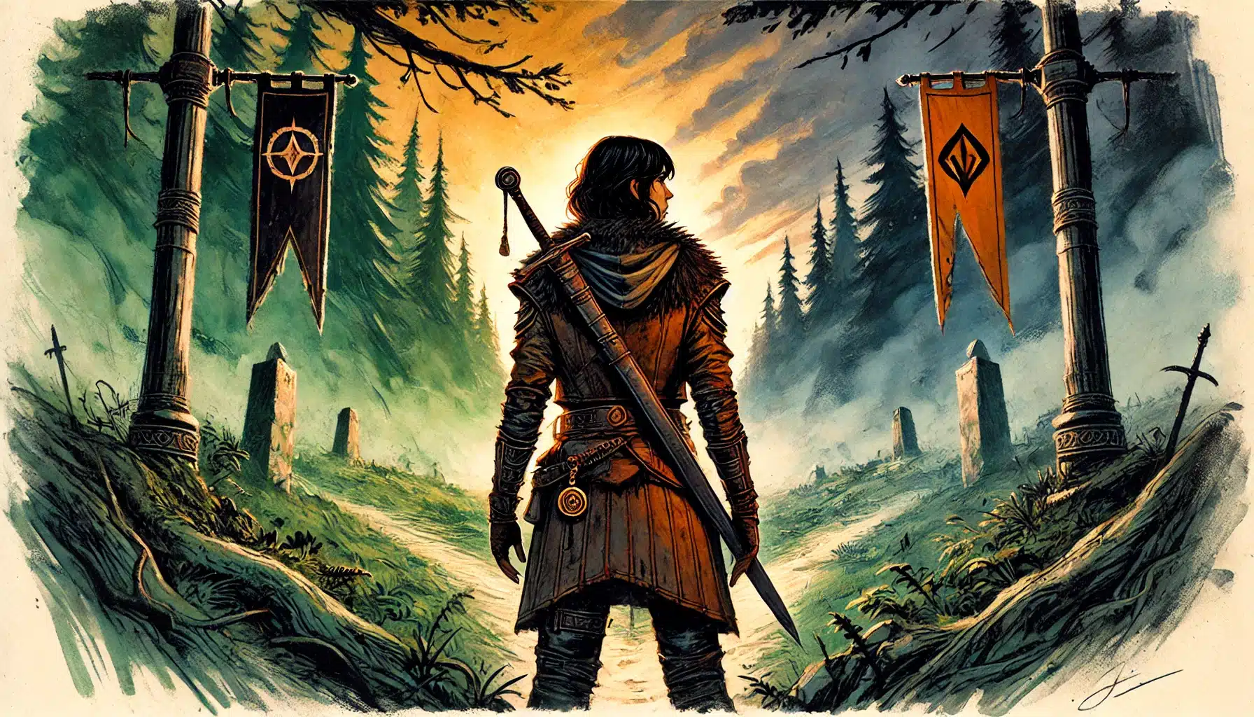 A lone adventurer with a sword stands at a forest crossroads at dawn, where banners hint at D&D rivalries, as mist swirls among ancient stone markers and trees.