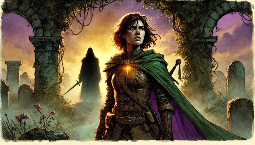 A determined young woman in leather armor and a green cloak stands in an overgrown, ruined graveyard at dusk, a glowing amulet on her chest. In the mist, a D&D rival approaches—a shadowy, hooded figure with a sword drawn.