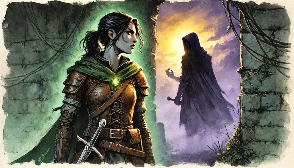 A woman in leather armor and a green cloak stands alert in a ruined stone doorway, her glowing pendant hinting at unbreakable alliances. In the distance, a shadowy hooded figure lingers—an echo of D&D rivalries waiting in the misty, purple-lit landscape.