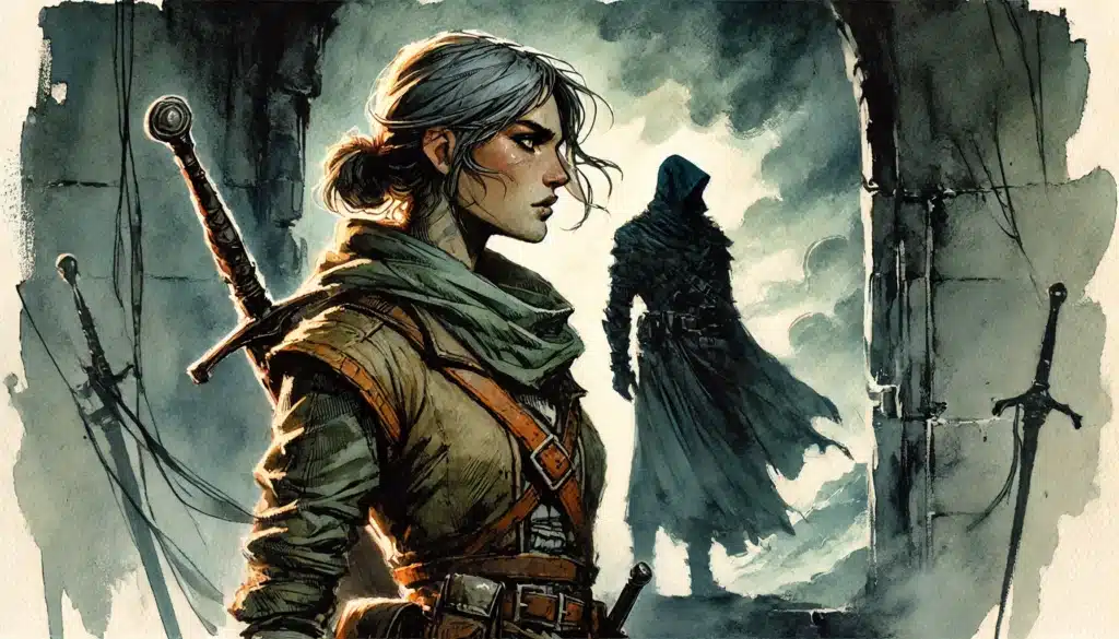 A silver-haired woman in medieval armor stands resolutely with a sword on her back, while a hooded figure in a dark cloak—hinting at classic D&D Rivalries—stands in the misty shadows of a stone archway behind her.